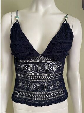 NWOT Ralph Lauren Navy Crochet V-Neck Camisole Top, Size M
